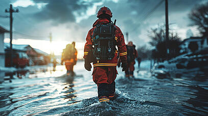 Person der Feuerwehr, die durch Wasser watet