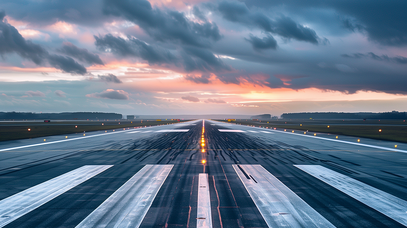 Die Landebahn eines Flughafens streckt sich bis zum Horizont. Darauf sind die Bremsspuren von Flugzeugen zu sichtbar