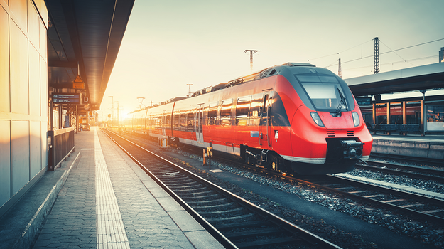 S-Bahn in der Fahrt. Daneben grüne Büsche