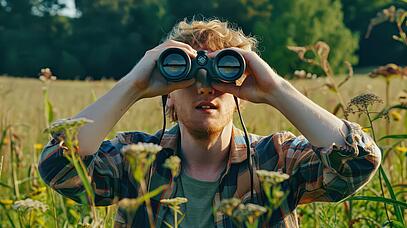 Mann sitzt in Wiese und schaut durch ein Fernglas