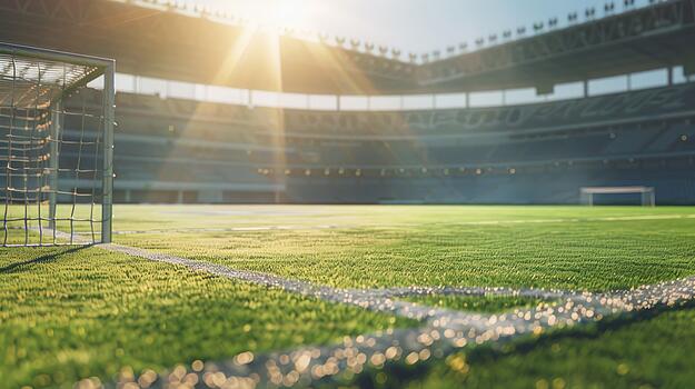 Rasen und Tore vor einer Tribüne im Sonnenaufgang