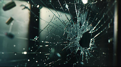 Schussloch in gesplittertem Glas