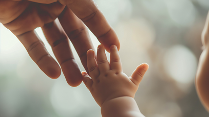 Eine Baby greift mit seiner kleinen Hand nach dem Finger einer erwachsenen Hand