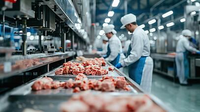 Mehrere Personen mit Schutzkleidung, die in einer Fabrik Wurst verarbeiten.
