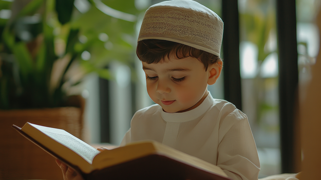 Ein kleiner Junge mit Takke liest in einem Buch.