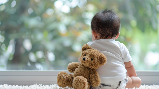 Ein Kleinkind sitzt von der Kamera abgewandt und blickt aus dem Fenster. An seinem Rücken lehnt ein Teddybär.
