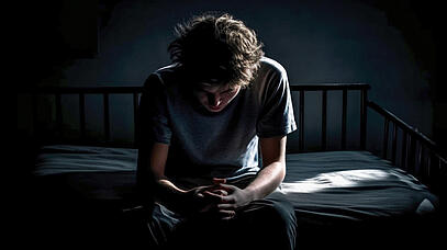 Ein junger Mann sitzt erschöpft und traurig auf einem Bett in einem dunklen Zimmer.