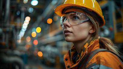 Eine Frau mit blonden Haaren trägt eine Schutzbrille, einen orangenen Helm und orangenen Sicherheitskleidung