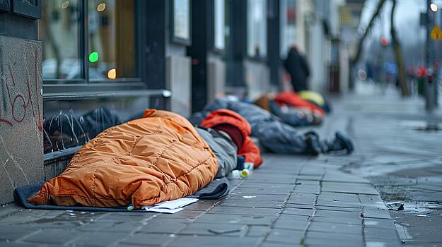 Obdachloser in Schlafsack am Straßenrand