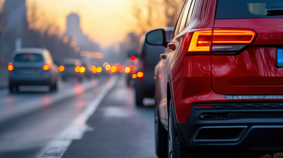 Ein rotes Auto mit leuchtenden Bremslichtern. Im Hintergrund sind verschwommen weitere Autos erkennbar