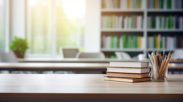 Ein Tisch, auf dem 4 Bücher liegen und ein Stiftehalter mit Stiften steht.
