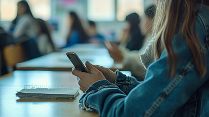 Jugendliches Mädchen sitzt am Tisch in der Schule mit Handy in der Hand. Im Hintergrund verschwommen die Mitschüler*innen.