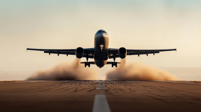 Ein Flugzeug schwebt dicht über der Startbahn. Seine Turbinen wirbeln Staub auf.