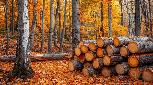 Holzstapel gefällter Bäume am Walsrand