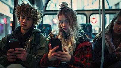 2 Jugendliche sitzen mit Smartphones in der Hand im Bus
