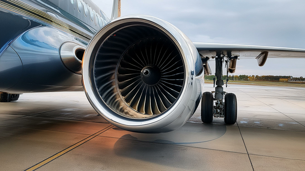 Eine große Turbine hängt am Flügel eines Flugzeugs, das auf einem Betonboden steht. Daneben ist das Fahrwerk zu sehen.