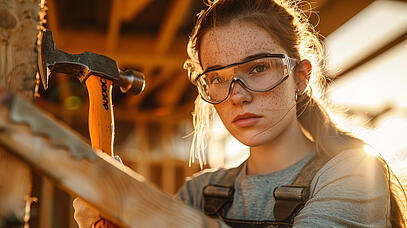 Junge Frau mit Schutzbrille auf einer Baustelle mit Hammer in der Hand