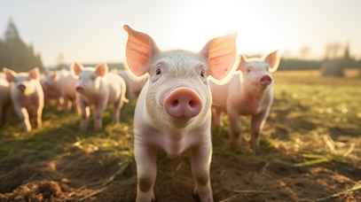 Eine Gruppe Schweine steht auf einer Wiese. Das vorderste Schwein blickt direkt in die Kamera.