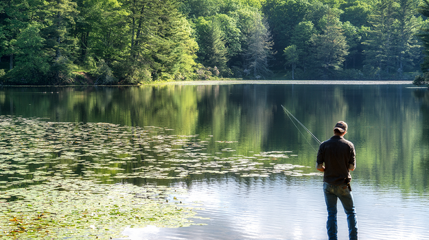 Ein Mann steht an einem von Wald umgebenen Weiher und hält eine Angel ins Wasser. 