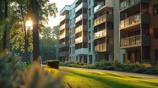 Wohnblock mit Balkonen, Sonnenuntergang