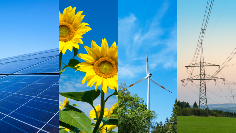 Vier Streifen zeigen je ein unterschiedliches Motiv: Solaranlagen, Sonnenblumen, ein Windrad und eine großeStromleitung.