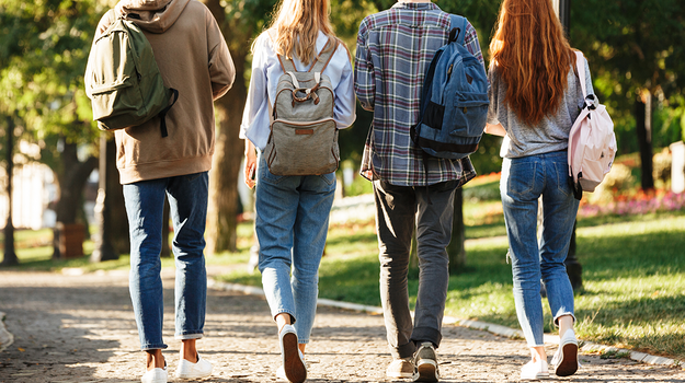 Zwei junge Frauen und zwei junge Männer mit Rucksäcken werden von hinten gezeigt, wie sie einen Weg entlang gehen
