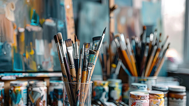 Viele benutzte Pinsel stehen in einem Glas. Daneben stehen Gläser mit Farben. 