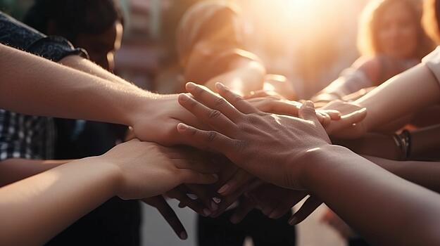 Eine Gruppe Menschen stehen im Kreis und legen ihre Hände in der Mitte aufeinander