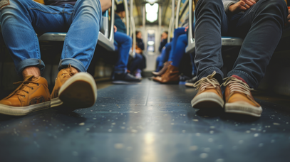 Schuhe und Hosenbeine auf dem Boden eines U-Bahn-Wagons